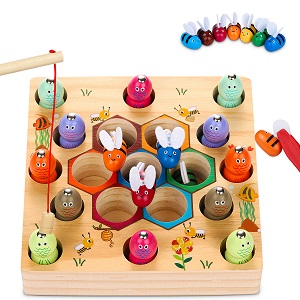 Magnetisches Angelspiel Holzspielzeug 2 in 1 Montessori Lernspielzeug Magnettafel Holz Fischspielzeug Geschenk für Mädchen Jungen Kinder Lernspielzeug mit Magnetstäben Autorisiertes Habe ein Patent